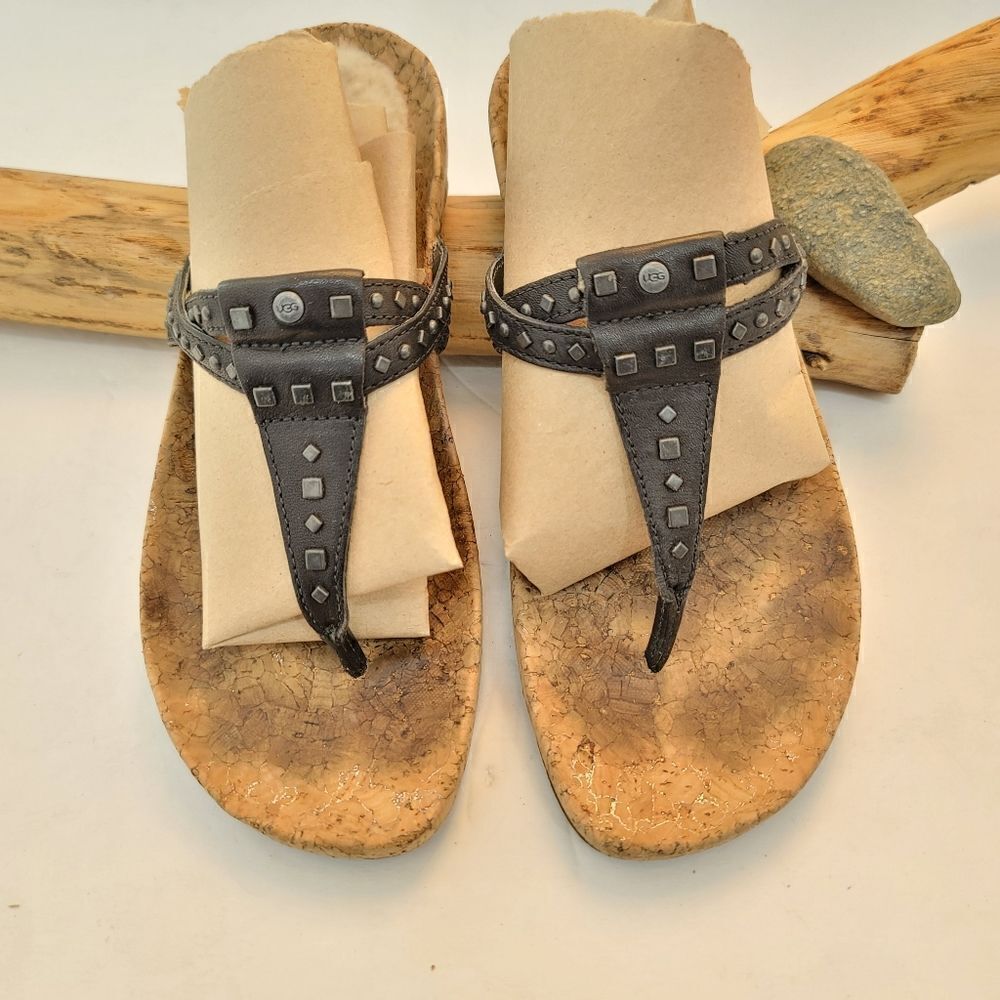 Ugg black leather studded sandals cork bottom